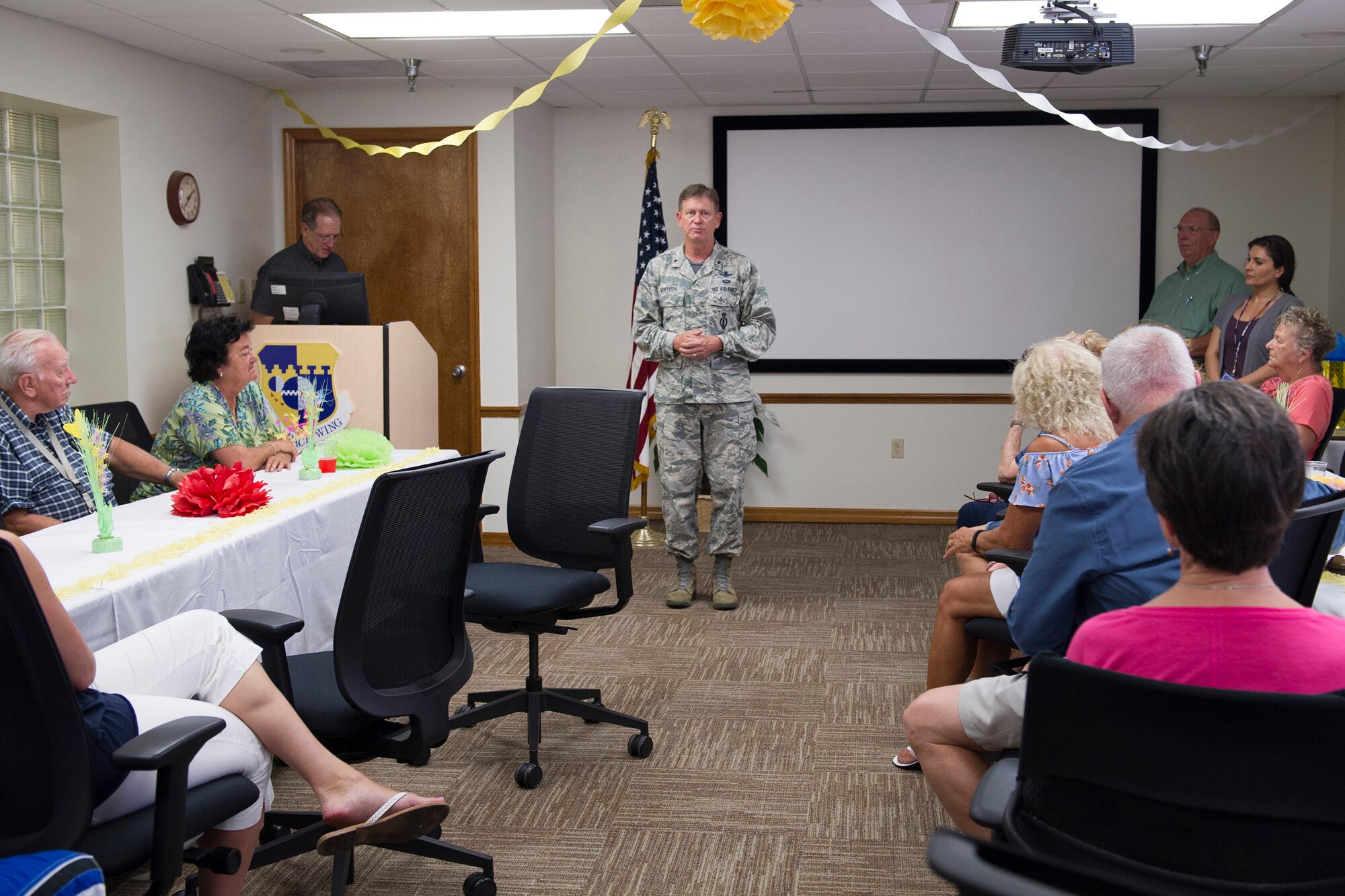 Brig. Gen. Wayne Monteith, 45th Space Wing commander, thanks and recognizes individuals during National Volunteer Appreciation Week, April 28, 2017, at Patrick Air Force Base, Fla. Monteith talked about the importance of volunteering and the positive impact it has here and in the community. Last year, the value of volunteer hours here was estimated at $1.2 million. (U.S. Air Force photo by Matthew Jurgens) 