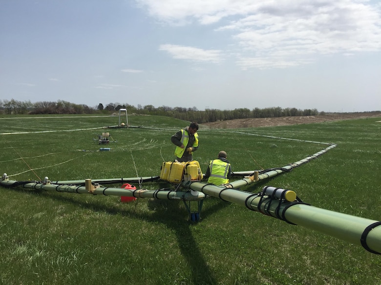 A close-up view of the digital airborne time-domain electromagnetic geophysical survey equipment. 
