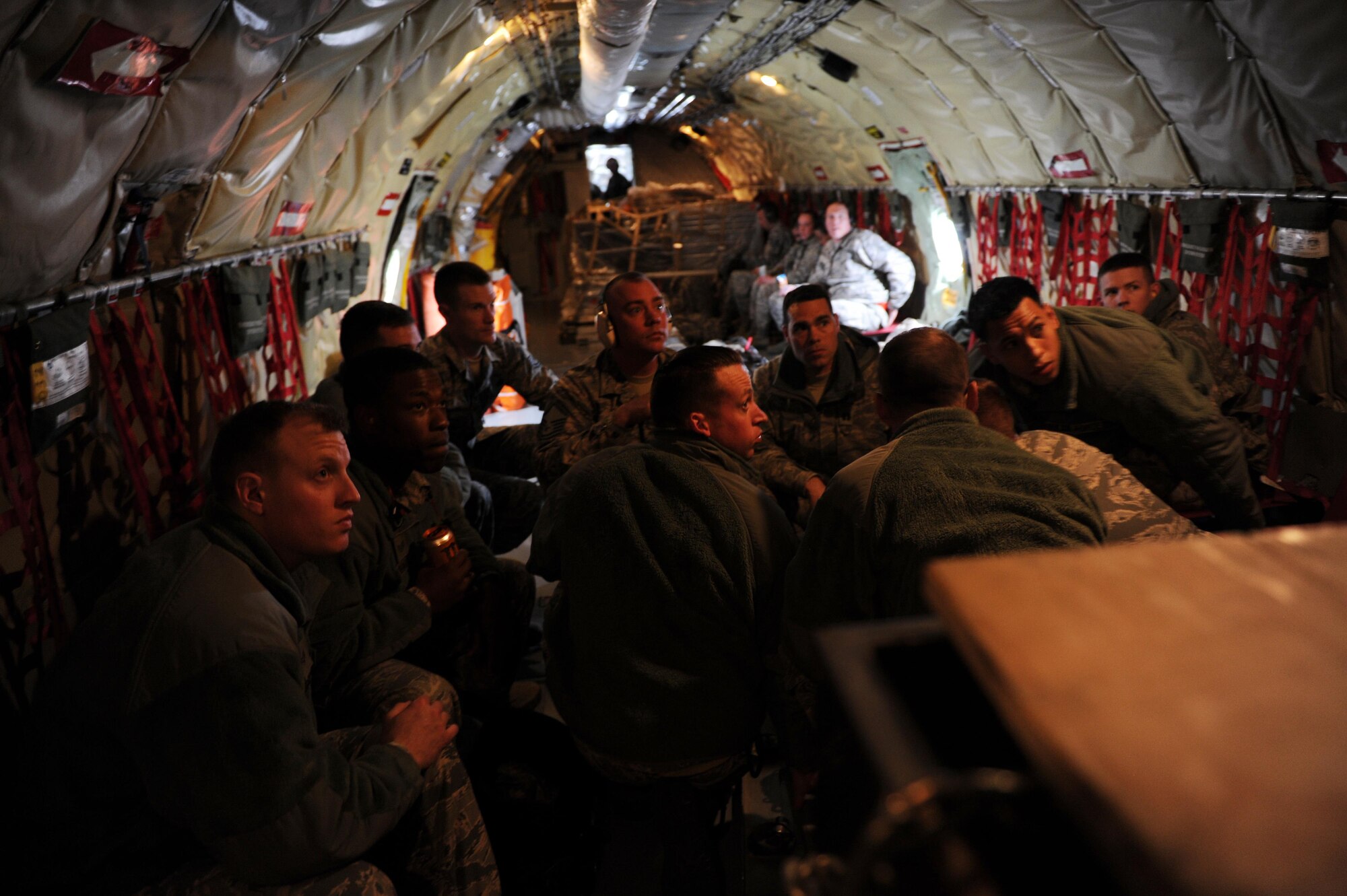 F-35A maintainers from the 388th and 419th Fighter Wings listen to a briefing just before departing a KC-135 at Amari Airfield, Estonia, April 25. Airmen also wen to Graf Ignatievo Air Base, Bulgaria April 28 to demonstrate the initial concept for a rapid deployment. The trips provided F-35A pilots and maintainers the experience of training in Europe and also reassured allies and partners of U.S. dedication to the enduring peace and stability of the region. (U.S. Air Force photo by Micah Garbarino) 
