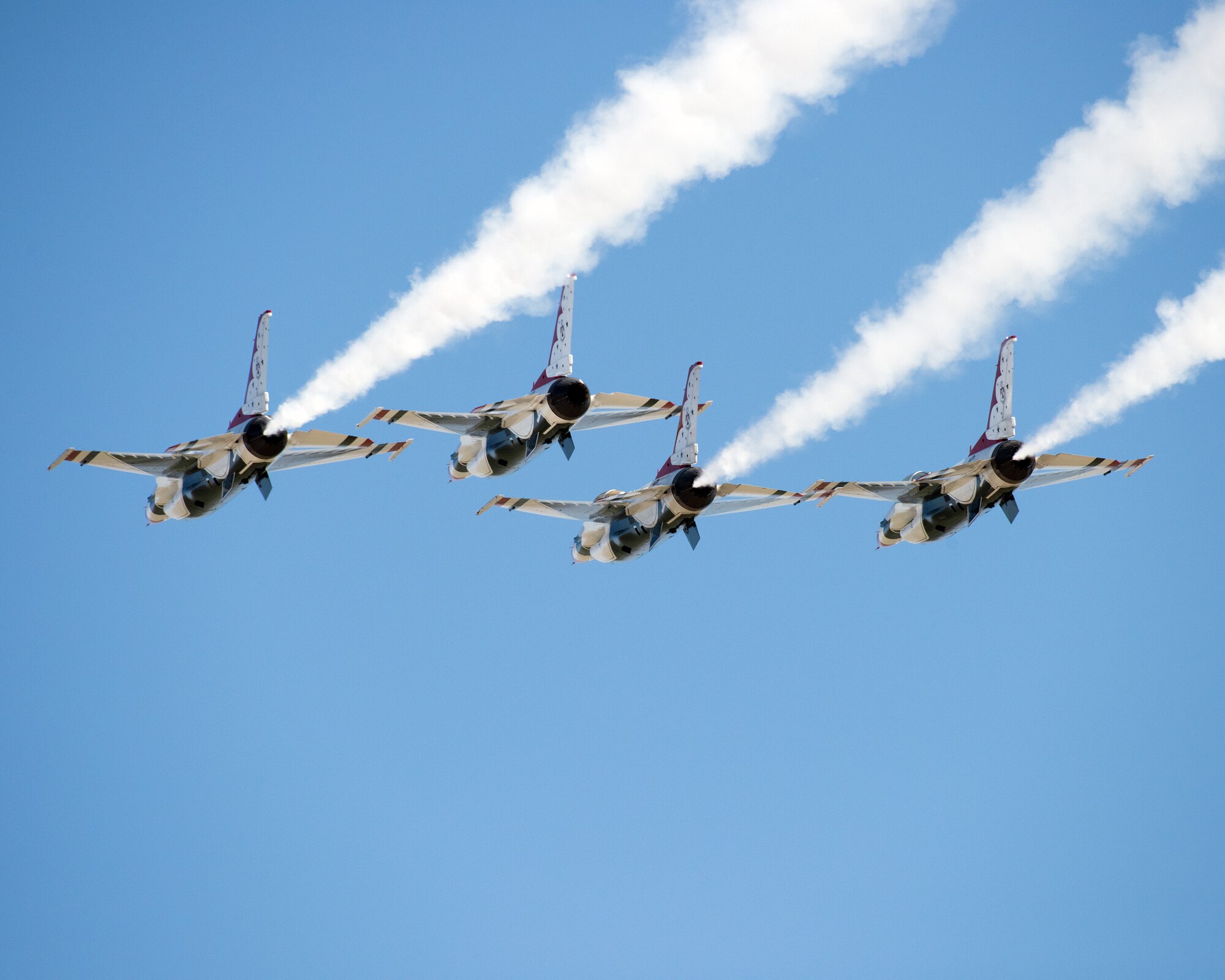The U.S. Air Force Thunderbirds perform an aerial demonstration during the Wings over Solano Air Show at Travis Air Force Base, Calif., May 7, 2017. The two-day event also featured performances by the U.S. Army Golden Knights parachute team, flyovers and static displays. (U.S. Air Force photo by Louis Briscese)