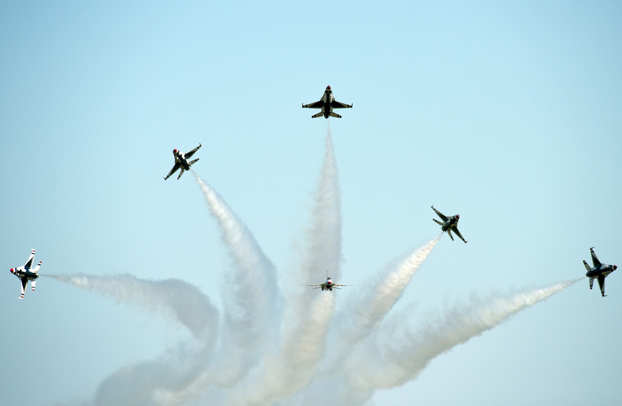 The U.S. Air Force Thunderbirds perform an aerial demonstration during the Wings over Solano Air Show at Travis Air Force Base, Calif., May 7, 2017. The two-day event also featured performances by the U.S. Army Golden Knights parachute team, flyovers and static displays. (U.S. Air Force photo by Louis Briscese)