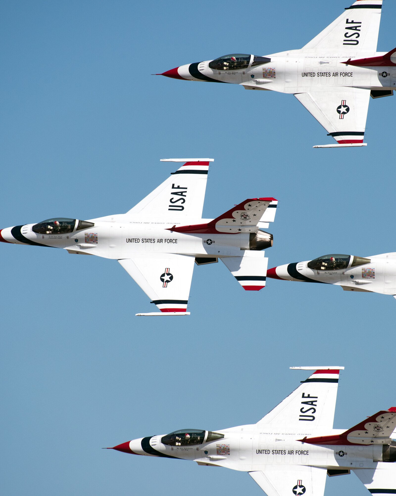 The U.S. Air Force Thunderbirds perform an aerial demonstration during the Wings over Solano Air Show at Travis Air Force Base, Calif., May 7, 2017. The two-day event also featured performances by the U.S. Army Golden Knights parachute team, flyovers and static displays. (U.S. Air Force photo by Louis Briscese)