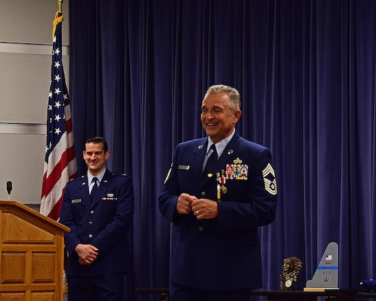 Chief Master Sgt. Henry J. Rome, 166th MXG Superintendent, addresses dignitaries, troops, family and friends during his retirement ceremony at the Delaware Air National Guard Base, New Castle, Del., 6 May 2017. Chief Master Sgt. Rome retired with over 36 years of military service with the Delaware Air National Guard, the United States Air Force Reserve, the United States Air Force and to the United States of America. (U.S. Air National Guard photo by SSgt. Andrew Horgan/released)