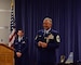 Chief Master Sgt. Henry J. Rome, 166th MXG Superintendent, addresses dignitaries, troops, family and friends during his retirement ceremony at the Delaware Air National Guard Base, New Castle, Del., 6 May 2017. Chief Master Sgt. Rome retired with over 36 years of military service with the Delaware Air National Guard, the United States Air Force Reserve, the United States Air Force and to the United States of America. (U.S. Air National Guard photo by SSgt. Andrew Horgan/released)