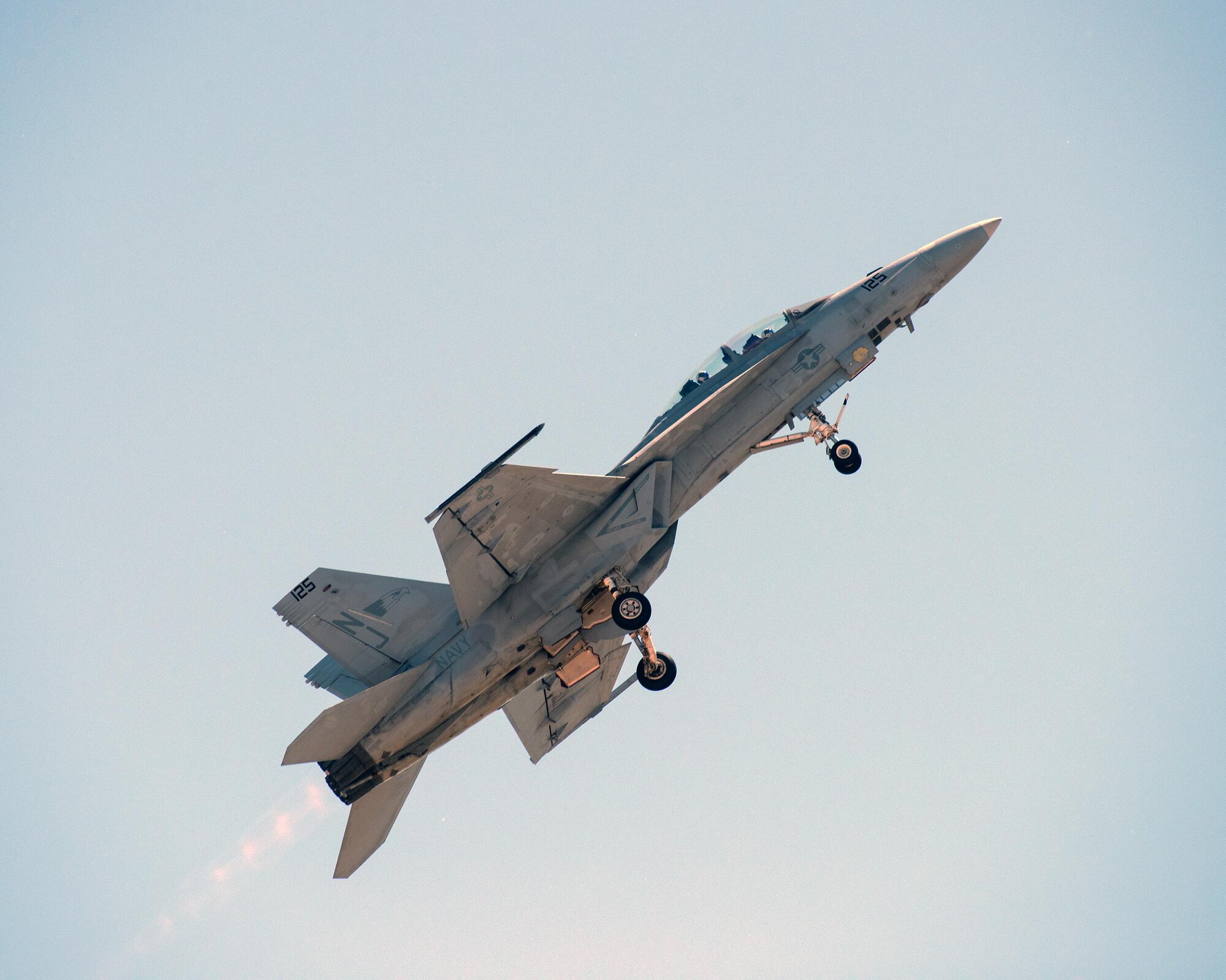 An F-18 Super Hornet performs an aerial demonstration during the Wings over Solano Air Show at Travis Air Force Base, Calif., May 7, 2017. The two-day event was attended by over 50,000 patrons and also featured a performance by the U.S. Army Golden Knights parachute team, flyovers and static displays. (U.S. Air Force photo by Louis Briscese)