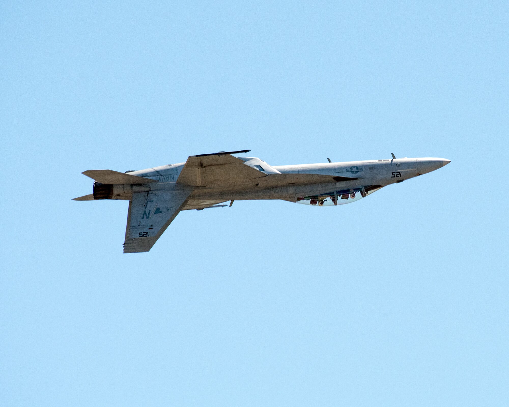 An F-18 Super Hornet performs an aerial demonstration during the Wings over Solano Air Show at Travis Air Force Base, Calif., May 7, 2017. The two-day event was attended by over 50,000 patrons and also featured a performance by the U.S. Army Golden Knights parachute team, flyovers and static displays. (U.S. Air Force photo by Louis Briscese)