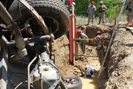 During a specialized form of rescue, Soldiers of the 468th Fire Fighting Detachment engage in one of the most dangerous rescue operations to complete during Guardian Response 17 at Muscatatuck Urban Training Center, Indiana on May 7, 2017.

Nearly 5,000 Soldiers and Airmen from across the country are participating in Guardian Response 17, a multi-component training exercise to validate the military's ability to support Civil Authorities in the event of a Chemical, Biological, Radiological, and Nuclear (CBRN) catastrophe. (U.S. Army Reserve photo by Staff Sgt. Christopher Sofia/Released)