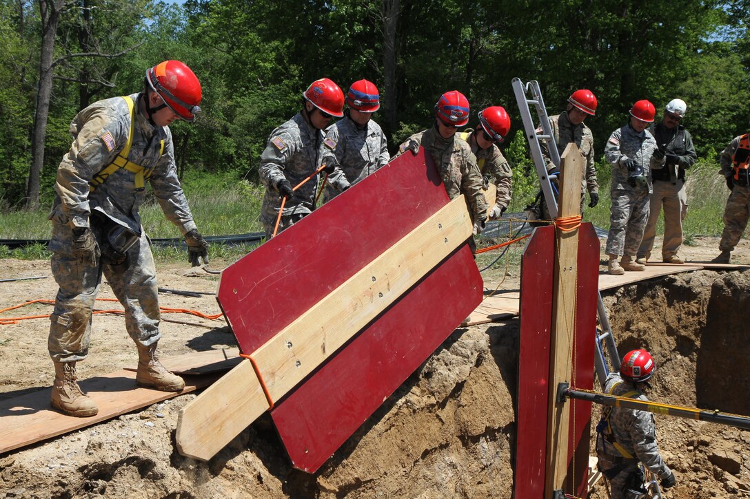A crew of 468th Fire Fighting Detachment Soldiers shore up the side of a trench in order to extract a mannequin casualty safely during Guardian Response 17 at Muscatatuck Urban Training Center, Indiana on May 7, 2017. 

Nearly 5,000 Soldiers and Airmen from across the country are participating in Guardian Response 17, a multi-component training exercise to validate the military's ability to support Civil Authorities in the event of a Chemical, Biological, Radiological, and Nuclear (CBRN) catastrophe. (U.S. Army Reserve photo by Staff Sgt. Christopher Sofia/Released)