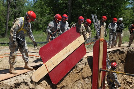 A crew of 468th Fire Fighting Detachment Soldiers shore up the side of a trench in order to extract a mannequin casualty safely during Guardian Response 17 at Muscatatuck Urban Training Center, Indiana on May 7, 2017. 

Nearly 5,000 Soldiers and Airmen from across the country are participating in Guardian Response 17, a multi-component training exercise to validate the military's ability to support Civil Authorities in the event of a Chemical, Biological, Radiological, and Nuclear (CBRN) catastrophe. (U.S. Army Reserve photo by Staff Sgt. Christopher Sofia/Released)