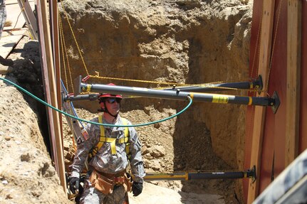 An Army Reserve Soldier from the 468th Fire Fighting Detachment ensures the side walls are braced properly down inside a trench in order to rescue and extract a mannequin during Guardian Response 17 at Muscatatuck Urban Training Center, Indiana on May 7, 2017.



Nearly 5,000 Soldiers and Airmen from across the country are participating in Guardian Response 17, a multi-component training exercise to validate the military's ability to support Civil Authorities in the event of a Chemical, Biological, Radiological, and Nuclear (CBRN) catastrophe. (U.S. Army Reserve photo by Staff Sgt. Christopher Sofia/Released)