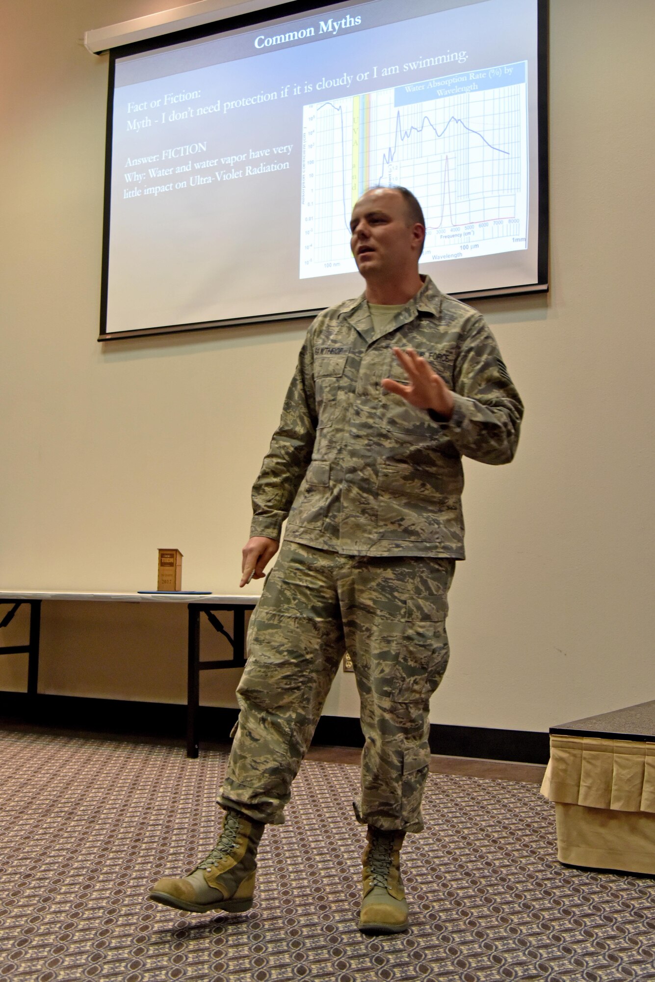 U.S. Air Force Staff. Sgt. Cori Gawthrop, 312th Training Squadron instructor, teaches about sun protection for the Top Tech competition at the Event Center on Goodfellow Air Force Base, Texas, May 5, 2017. During his presentation, he talked about the different ingredients in sunscreen and what they do. During the competition, instructors had to teach a subject and audience members had to demonstrate their understanding of the topic. (U.S. Air Force photo by Staff Sgt. Joshua Edwards/Released)