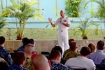 Adm. Scott Swift, commander of U.S. Pacific Fleet conducts an all hands call with personnel stationed in Singapore at the Terror Club in Sembawang. Swift stopped in Singapore as part of a visit to several nations in the Indo-Asia region, May 8, 2017