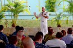 Adm. Scott Swift, commander of U.S. Pacific Fleet conducts an all hands call with personnel stationed in Singapore at the Terror Club in Sembawang. Swift stopped in Singapore as part of a visit to several nations in the Indo-Asia region, May 8, 2017