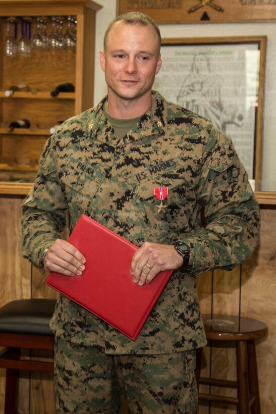 Maj. David J. Palka, assistant battalion inspector-instructor, 5th Battalion, 14th Marine Regiment, 4th Marine Division, addresses the audience during a Bronze Star Presentation on Camp Pendleton, Calif., May 1, 2017. Maj. Palka received the Bronze Star for heroic service in connection with combat operations against the enemy while serving as a Commander, Battery E, Battalion Landing Team, 2nd Battalion 6th Marine Regiment, 26th Marine Expeditionary Unit, in support of Operation Inherent Resolve from 12 March to 25 May 2016. (U.S. Marine Corps Photo by Cpl. Brandon Martinez)