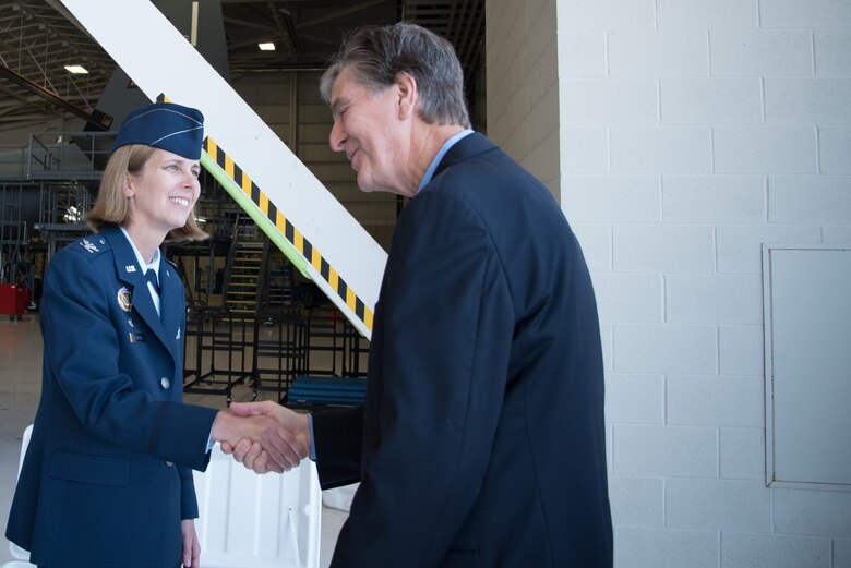 Col. Jennie R. Johnson, incoming 403rd Wing commander meets Andrew "FoFo" Gilich, Biloxi mayor, during the 403rd Wing change of command ceremony May 7, 2017 at Keesler Air Force Base, Mississippi. (U.S. Air Force photo/Staff Sgt. Heather Heiney)