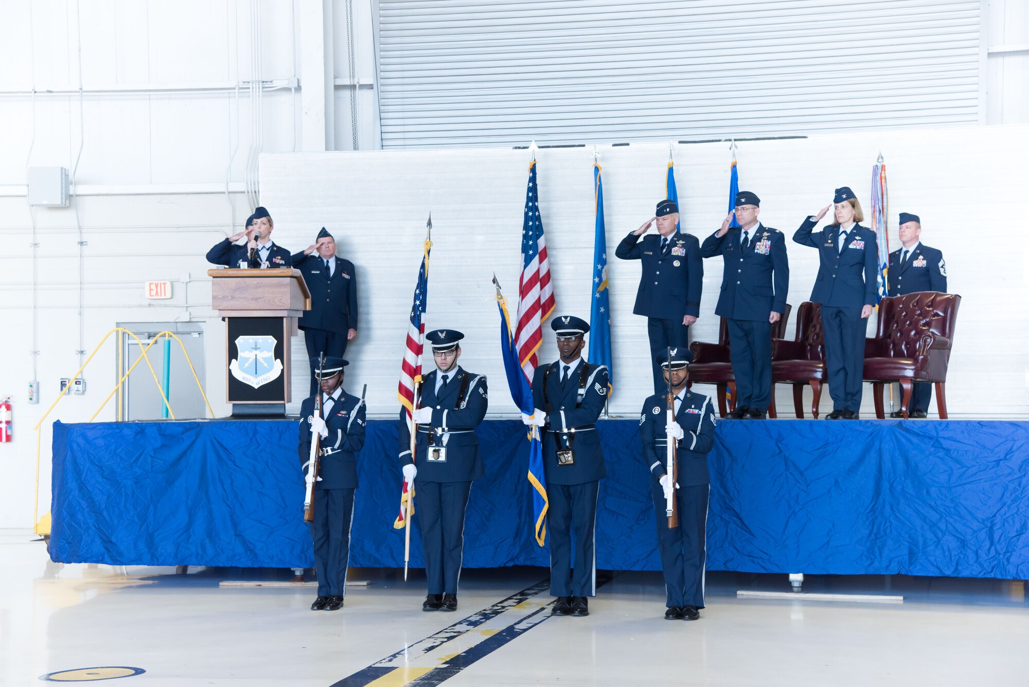 Keesler Honor Guard memebrs present the colors during the 403rd Wing change of command ceremony May 7, 2017 at Keesler Air Force Base, Mississippi. (U.S. Air Force photo/Staff Sgt. Heather Heiney)
