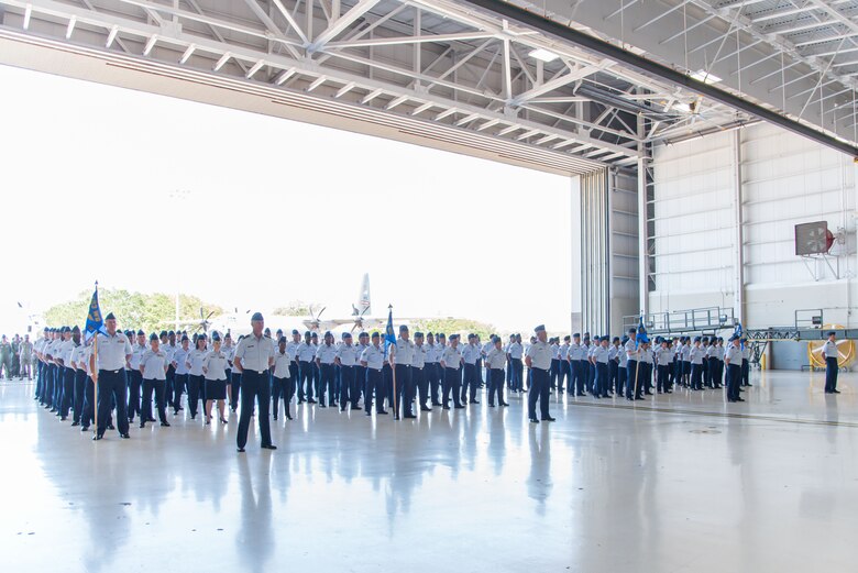The 403rd Wing formation of troops stands at parade rest during the 403rd Wing change of command ceremony May 7, 2017 at Keesler Air Force Base, Mississippi. (U.S. Air Force photo/Staff Sgt. Heather Heiney)