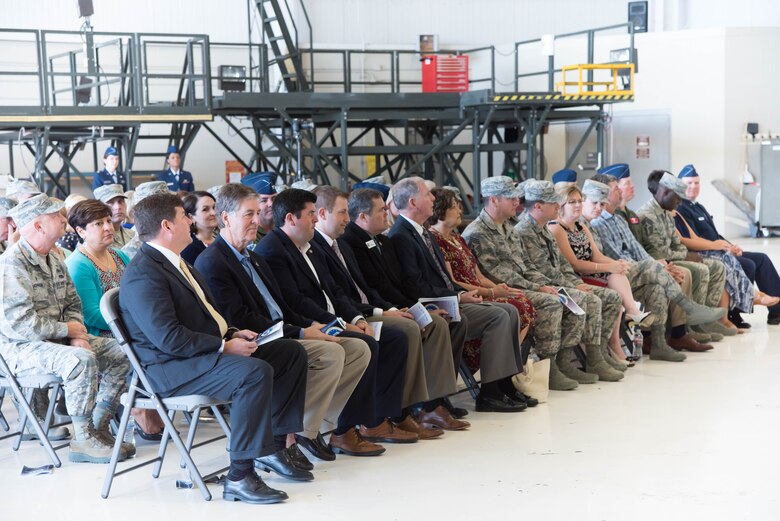 Attendees listen to Maj. Gen. John P. Stokes, 22nd Air Force commander, speak during the 403rd Wing change of command ceremony May 7, 2017 at Keesler Air Force Base, Mississippi. (U.S. Air Force photo/Staff Sgt. Heather Heiney)
