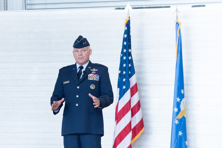 Maj. Gen. John P. Stokes, 22nd Air Force commander, speaks during the 403rd Wing change of command ceremony May 7, 2017 at Keesler Air Force Base, Mississippi. (U.S. Air Force photo/Staff Sgt. Heather Heiney)
