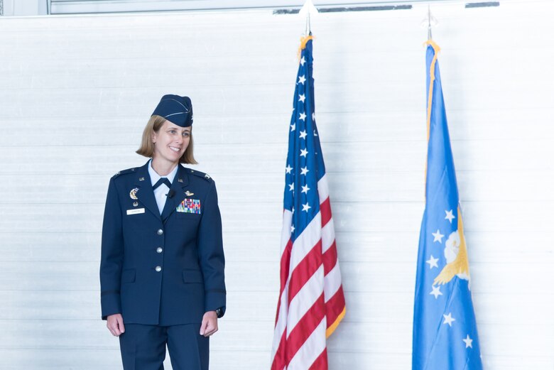 Col. Jennie R. Johnson, incoming 403rd Wing commander, speaks during the 403rd Wing change of command ceremony May 7, 2017 at Keesler Air Force Base, Mississippi. (U.S. Air Force photo/Staff Sgt. Heather Heiney)