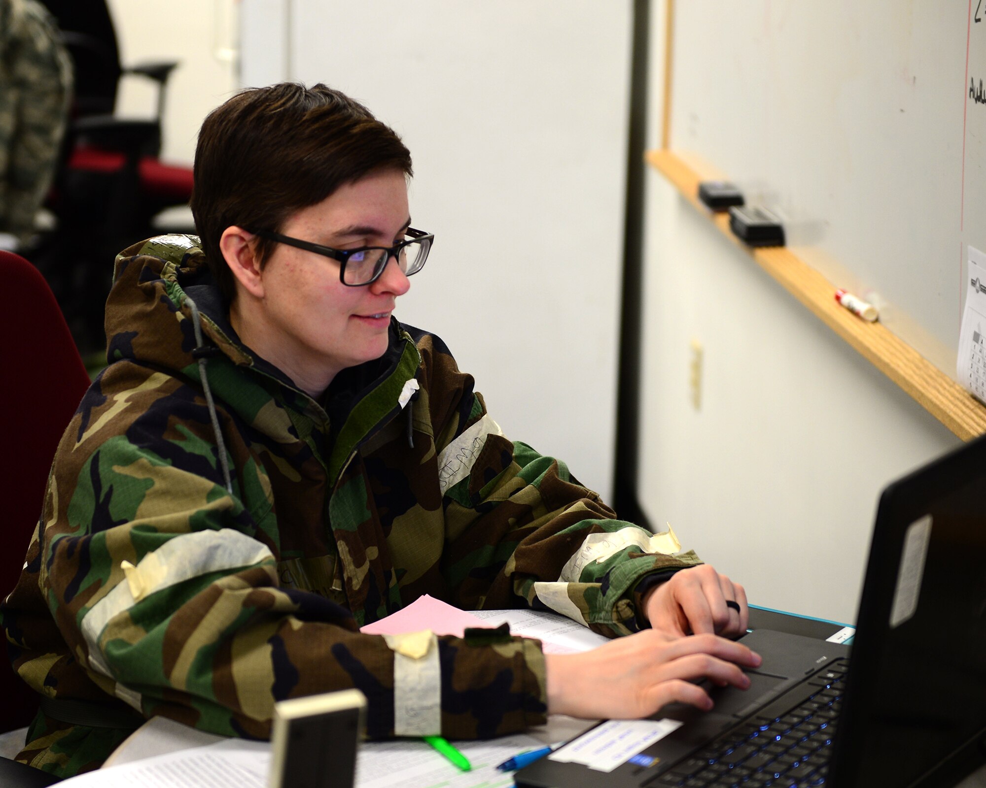 U.S. Air Force Senior Airman Stefanie Nakoneczny-Wood, a 354th Civil Engineer Squadron emergency management journeyman, works radio control for Operation Merlin Wing, May 5, 2017, at Eielson Air Force Base, Alaska. During the exercise, Nakoneczny-Wood coordinated directions for both Air Force and Army units. (U.S. Air Force photo by Airman Eric M. Fisher)