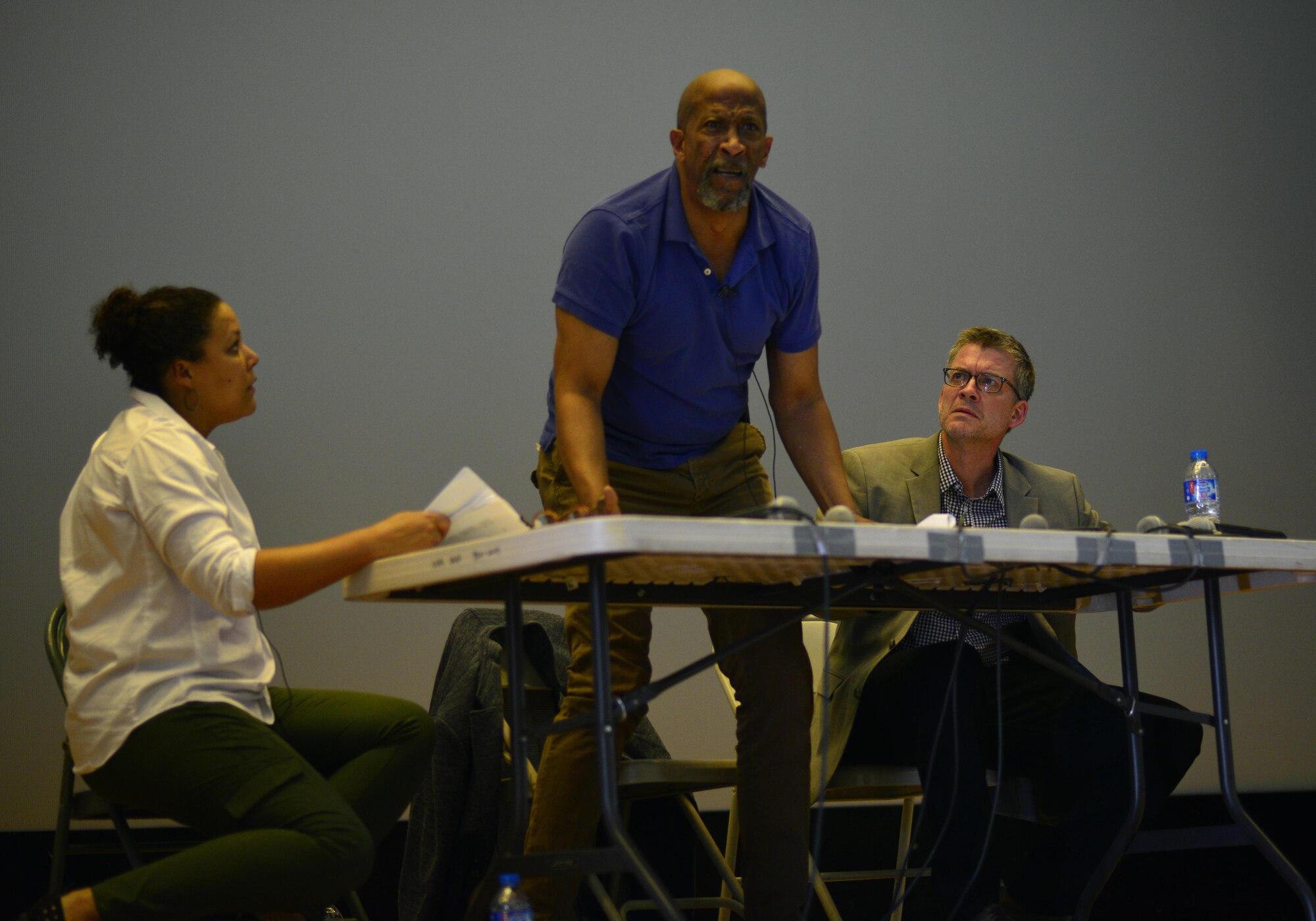 Actor Reg E. Cathey gets into character as he portrays Ajax during a Theater of War presentation at Osan Air Base, Republic of Korea, May 5, 2017. Theater of War relates the themes and hardships of combat in an ancient age with situations modern military personnel still deal with today. (U.S. Air Force photo by Staff Sgt. Alex Fox Echols III)