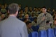 U.S. Air Force Senior Airman Pablo Barcia, Theater of War attendee, discusses the play “Ajax” after a live presentation at Osan Air Base, Republic of Korea, May 5, 2017. During Theater of War, actors Chris Henry Coffee, Reg E. Cathey, and Linda Powell presented two of the plays pivotal scenes live to show Ajax’s struggles with stress, family, honor and suicide. (U.S. Air Force photo by Staff Sgt. Alex Fox Echols III)