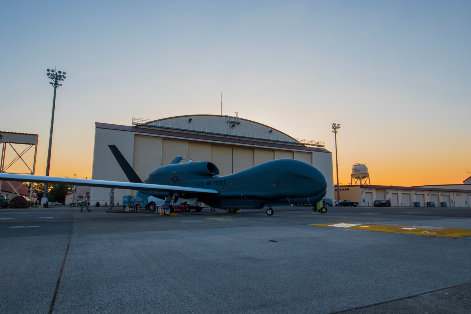 Airmen with the 69th Reconnaissance Group Detachment 1, prepare an RQ-4 Global Hawk for its first take off from Yokota Air Base Japan, May 5, 2017. Approximately 105 support and operations personnel and five RQ-4 Global Hawks with the 69 RG Det. 1, are scheduled to arrive at Yokota. (U.S. Air Force photo by Airman 1st Class Donald Hudson)