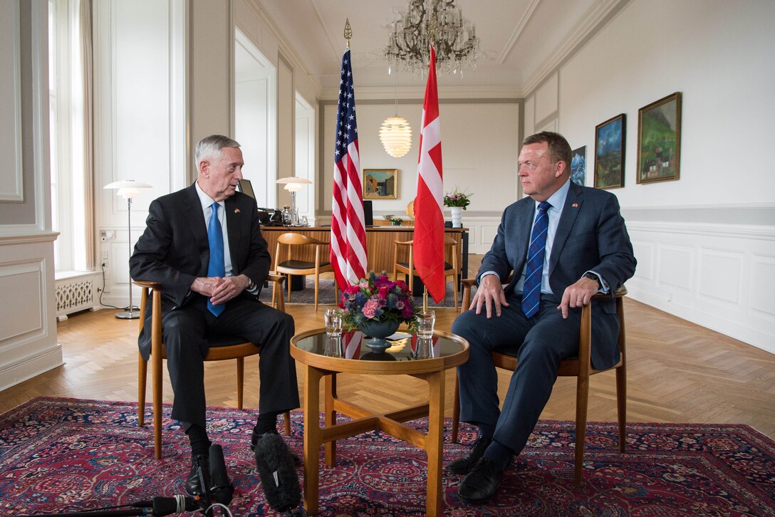 Defense Secretary Jim Mattis meets with Danish Prime Minister Lars Løkke Rasmussen at the Christiansborg Palace in Copenhagen, Denmark, May 9, 2017. DoD photo by U.S. Air Force Staff Sgt. Jette Carr