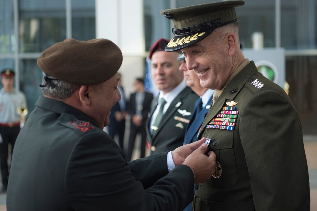 Marine Corps Gen. Joe Dunford, chairman of the Joint Chiefs of Staff, meets with Isreali Defense Forces Chief of Staff Lt. Gen. Gadi Eisenkot in Tel Aviv, Israel, May 9, 2017. DoD photo by Navy Petty Officer 2nd Class Dominique A. Pineiro