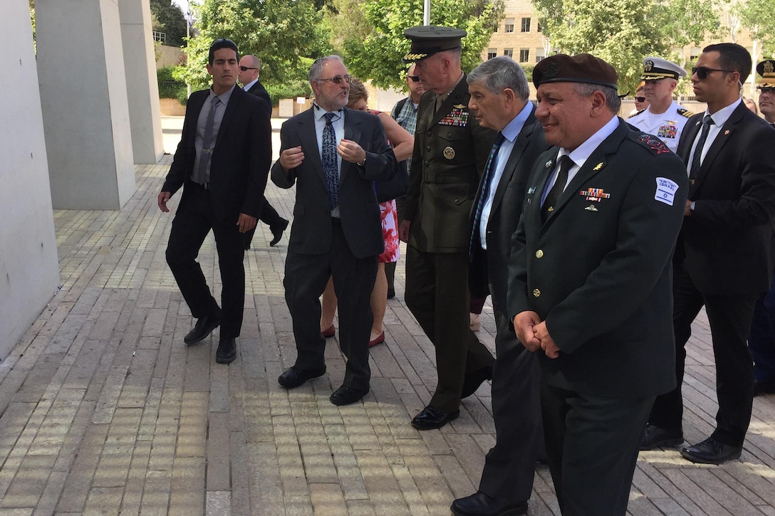 Marine Corps Gen. Joe Dunford, chairman of the Joint Chiefs of Staff, enters Yad Vashem Holocaust Museum in Jerusalem, May 9, 2017. Dunford is visiting with his Israeli counterpart, Israeli army Lt. Gen. Gadi Eisenkot, the chief of the General Staff for the Israel Defense Forces. DoD photo by Jim Garamone