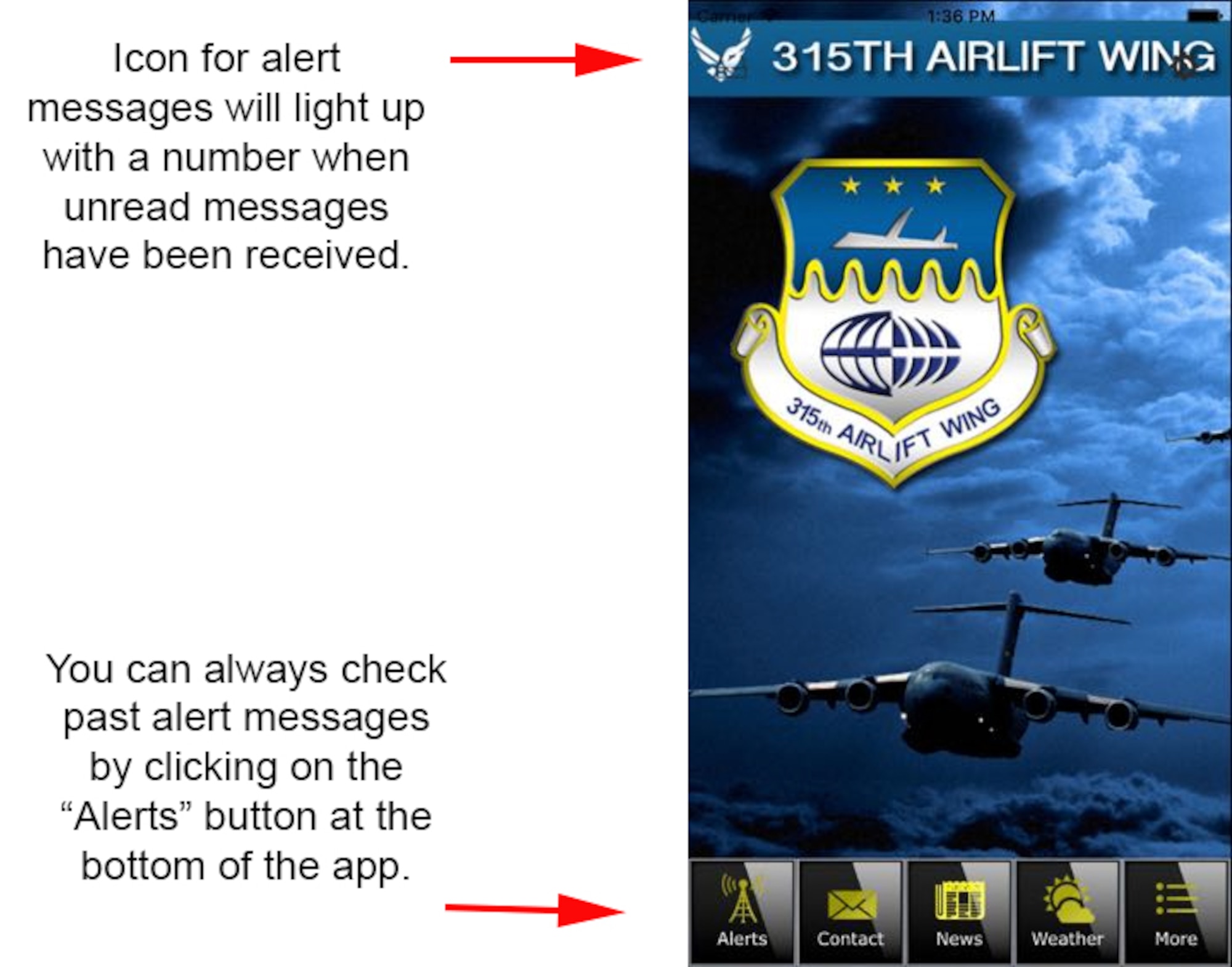 An upgrade of the 315th Airlift Wing mobile app includes an icon to indicate unread alert messages at the top left of the home screen.  (U.S. Air Force Graphic / Michael Dukes)