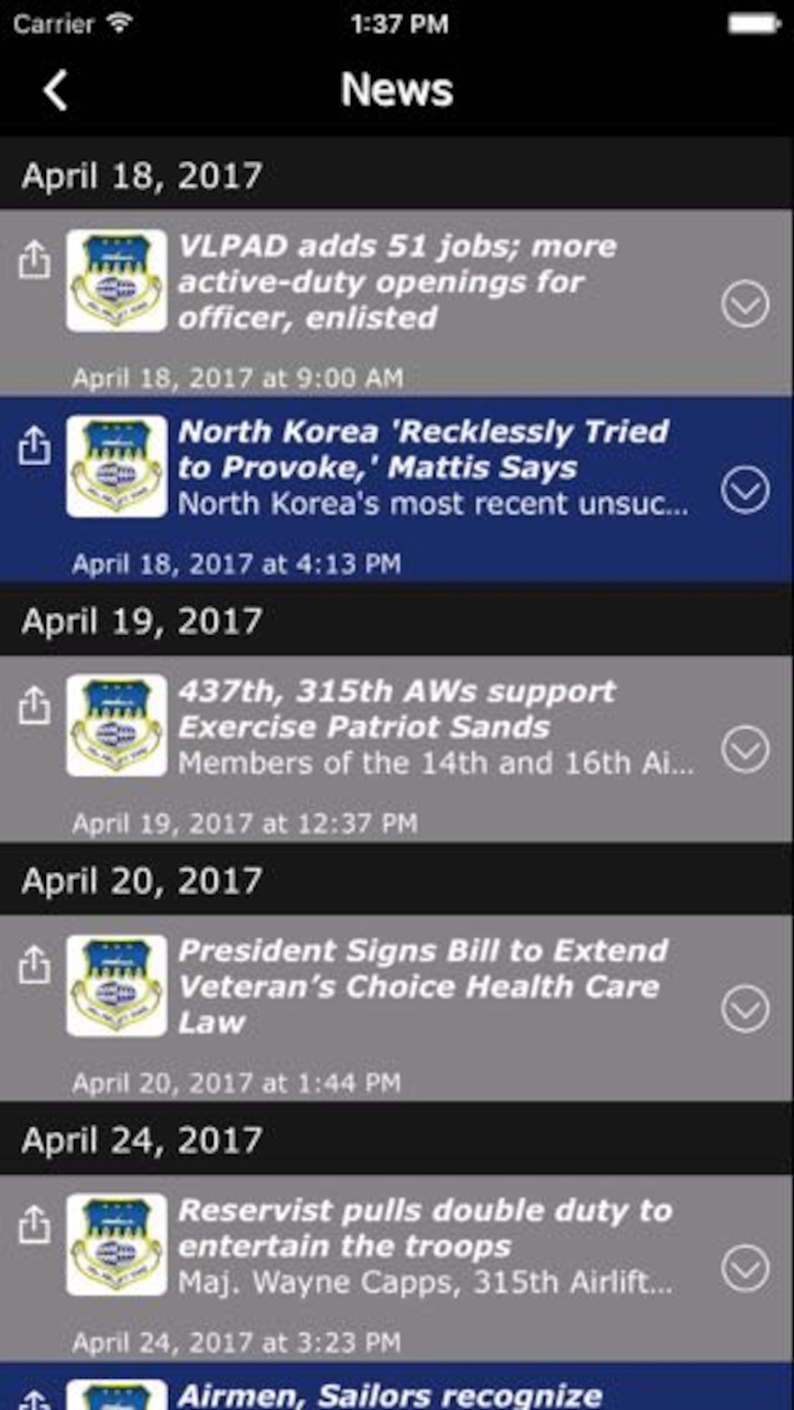 The newly redesigned news feature on the 315th Airlift Wing app is now in an RSS format rather than a simple redirect to a web page.  Now it's easier to browse our latest news highlights, then if something interests you, you can click to visit the full article on our website.  (U.S. Air Force Graphic / Michael Dukes)