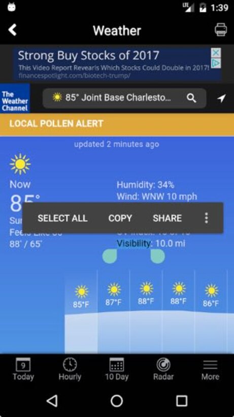Our new Joint Base Charleston weather button is now an applet within our app.  Function buttons located at the bottom of the screen allow users to switch between current, hourly,  10 Day, Radar and more views. (U.S. Air Force Graphic / Michael Dukes)