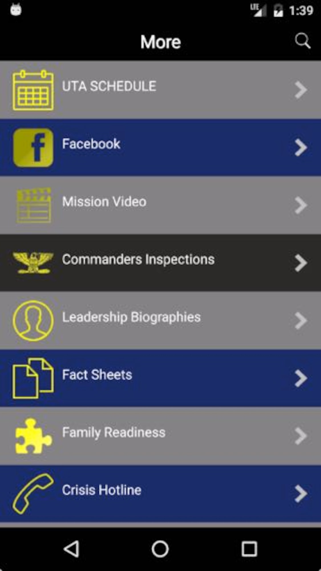 After clicking the more botton on the lower left of the 315th Airlift Wing app home page, users have access to many useful features that have been updated to for compatibility with users mobile devices. (U.S. Air Force Graphic / Michael Dukes)