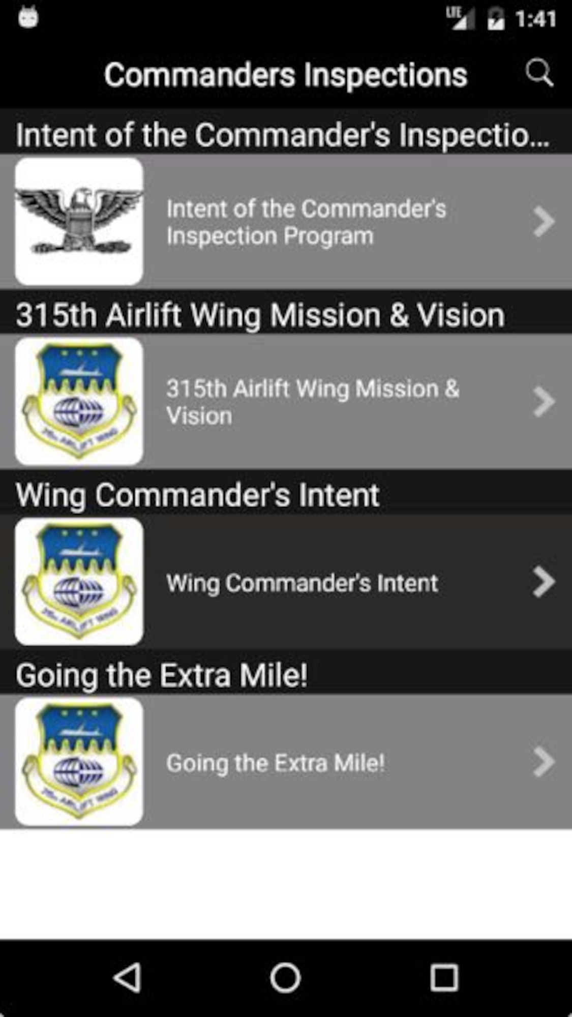 The 315th Airlift Wing mobile app puts the wing mission and vision at your finger tips. This can be particularly helpful during unit inspections. (U.S. Air Force Graphic / Michael Dukes)