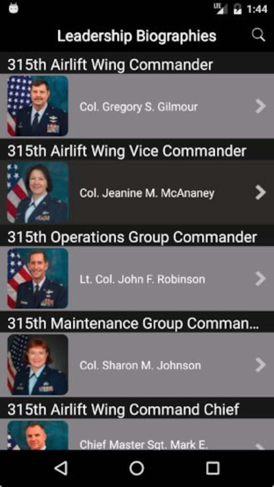 Our new leadership bios feature has been redesigned to give you pocket biographies of 315th Airlift Wing leadership. The old version was a redirect to the Wing's web page biography section. (U.S. Air Force Graphic / Michael Dukes)