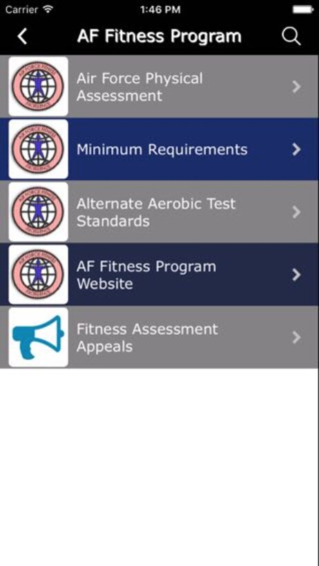 The AF Fitness Program button can be very useful for Reservists to have quick access to information about the fitness program, including charts and information about how to appeal a fitness assessment.  (U.S. Air Force Graphic / Michael Dukes)