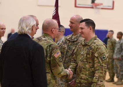 Wyoming Army National Guard soldiers Staff Sgt. Derrick Perkins, a medic, and Chief Warrant Officer 2 Bryan Herget, a UH-60 Black Hawk pilot, receive the Dustoff Association’s Rescue of the Year award for their heroic effort that saved the lives of five critically wounded Soldiers during a medevac mission in Afghanistan in 2015. 