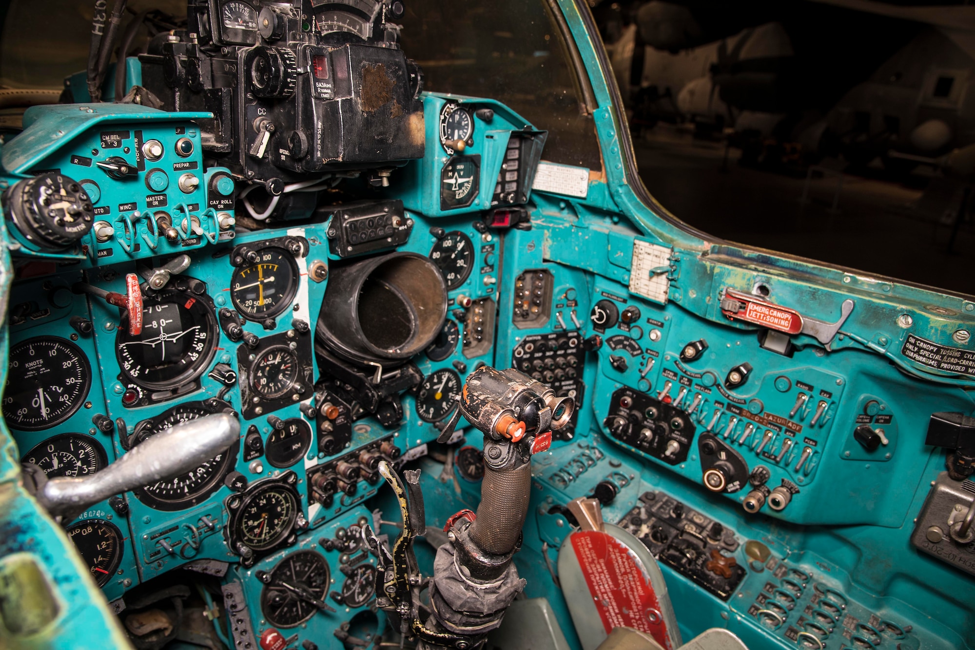 DAYTON, Ohio -- The Mikoyan-Gurevich MiG-23MS “Flogger-E” cockpit view in the museum's Cold War Gallery. (U.S. Air Force photo by Ken LaRock) 