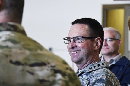 Gen. Joseph Lengyel, chief of the National Guard Bureau, listens to a brief about the F-35 joint strike fighter's capabilities during a visit to Volk Field Combat Readiness Training Center on May 5, 2017, to observe Northern Lightning, an annual counterland training exercise that began May 1 and will end May 12. 