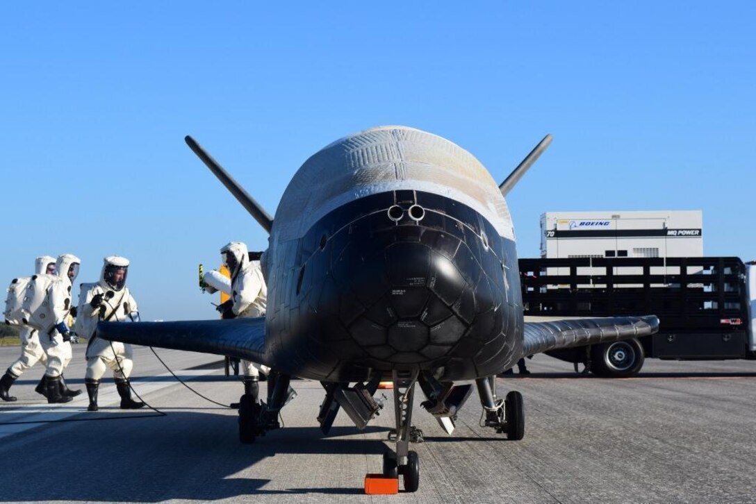 The U.S. Air Force's X-37B Orbital Test Vehicle 4 is seen at NASA 's Kennedy Space Center Shuttle Landing Facility in Florida May 7, 2017. Managed by the Air Force Rapid Capabilities Office, the X-37B program is the newest and most advanced re-entry spacecraft designed to perform risk reduction, experimentation and concept of operations development for reusable space vehicle technologies. (DOD photo courtesy of United Launch Alliance)