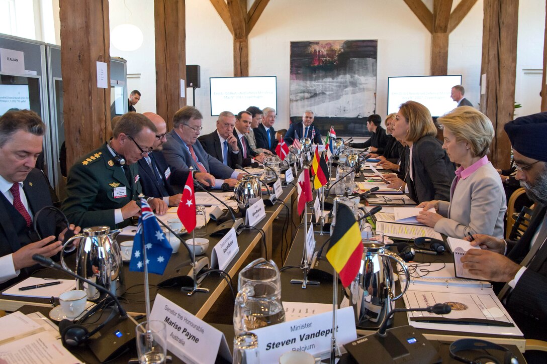 Defense Secretary Jim Mattis, fifth from left, co-hosts a meeting with senior leaders from 15 countries that are key contributors to the counter-ISIS military campaign in Copenhagen, Denmark, May 9, 2017. DoD photo by Air Force Staff Sgt. Jette Carr