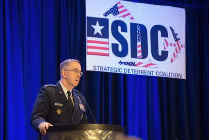 U.S. Air Force Gen. John Hyten, commander of U.S. Strategic Command (USSTRATCOM), delivers remarks during the 2017 Strategic Deterrent Coalition Symposium in Arlington, Va., May 9, 2017. During the symposium, Hyten and other leaders from the Department of Defense and international organizations discussed the importance of maintaining a safe, secure, reliable and ready nuclear deterrent force, as well as the need for modernization across the nuclear enterprise. One of nine Department of Defense unified combatant commands, USSTRATCOM has global strategic missions assigned through the Unified Command Plan that include strategic deterrence, space operations, cyberspace operations, joint electronic warfare, global strike, missile defense, intelligence, and analysis and targeting.