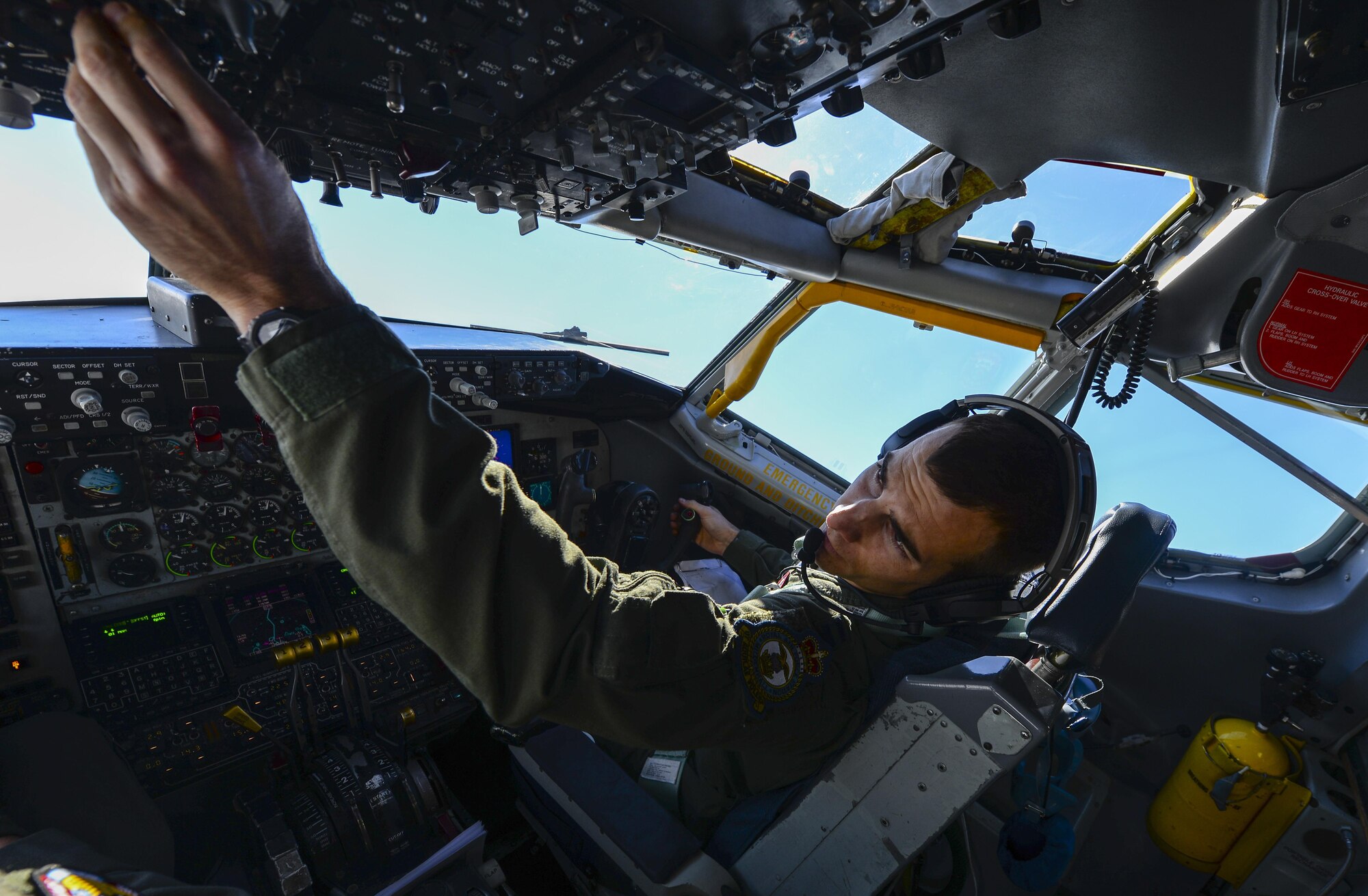 U.S. Air Force Capt. Robert Allen, 351st Air Refueling Squadron instructor pilot, flies a KC-135 Stratotanker May 3, 2017, over England. Allen was paired with two other aircrew members who both had the first name Bobby. The aircraft the crew was assigned to was given the call sign Bobby 92. (U.S. Air Force photo by Staff Sgt. Micaiah Anthony)