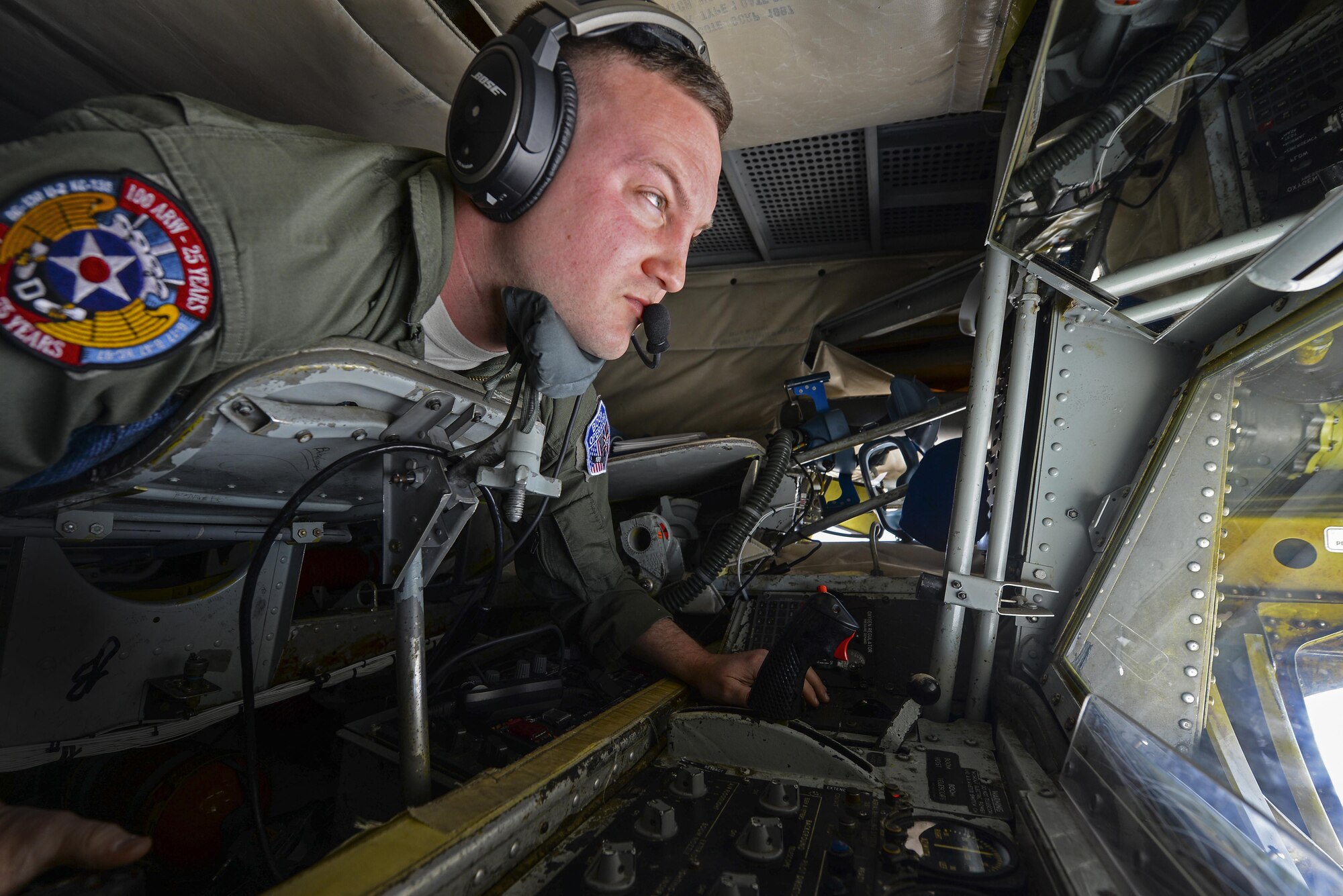 U.S. Air Force Staff Sgt. Bobby Cash, 351st Air Refueling Squadron boom operator, flies the boom of a KC-135 Stratotanker while refueling an F-15E Strike Eagles May 3, 2017. Nearly all internal fuel can be pumped through the flying boom, the KC-135's primary fuel transfer method. (U.S. Air Force photo by Staff Sgt. Micaiah Anthony)