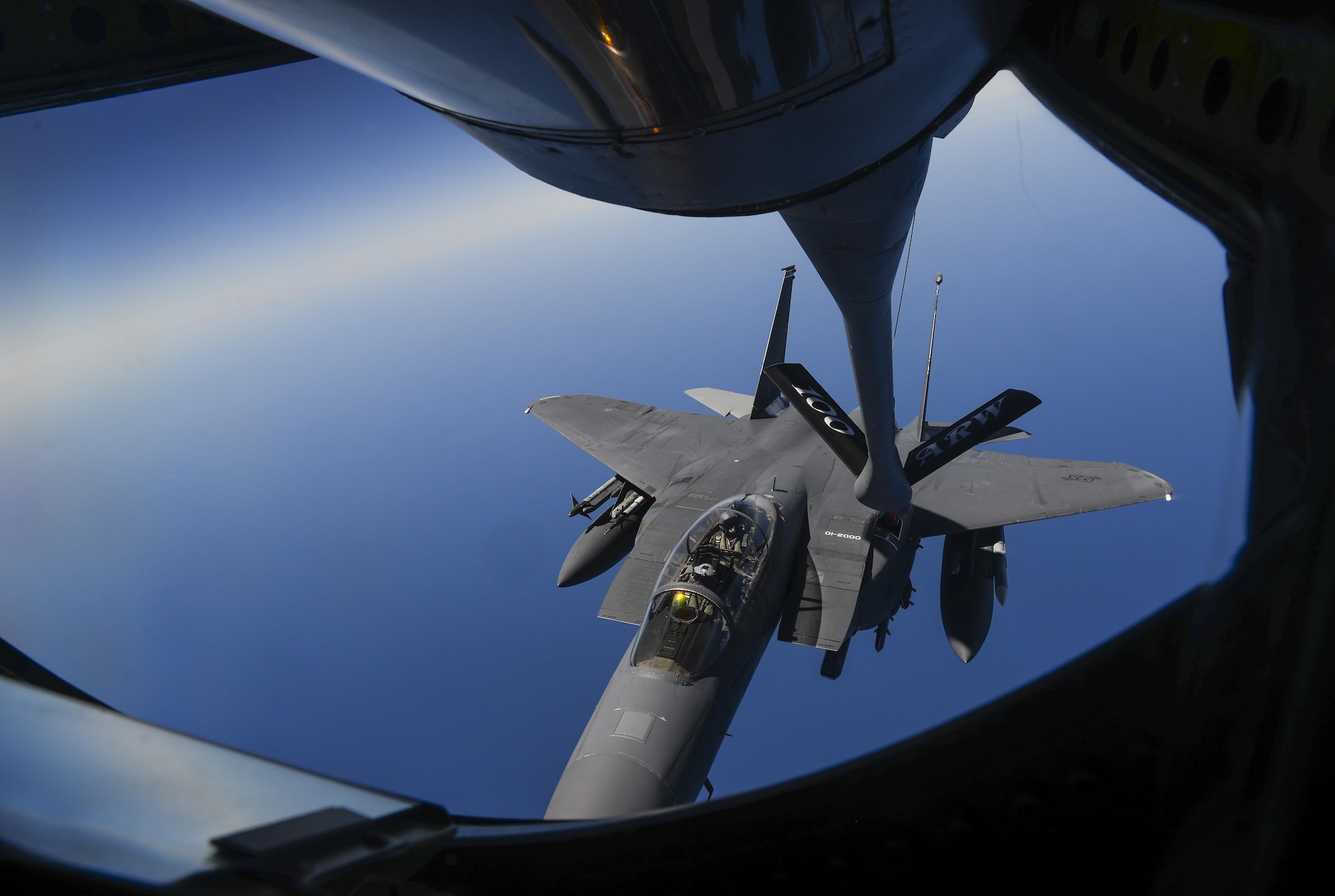 A U.S. Air Force F-15E Strike Eagle receives fuel from a KC-135 Stratotanker May 3, 2017. The F-15E Strike Eagle is a dual-role fighter designed to perform air-to-air and air-to-ground missions. (U.S. Air Force photo by Staff Sgt. Micaiah Anthony)