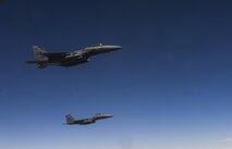 U.S. Air Force F-15E Strike Eagles fly after receiving fuel from a KC-135 Stratotanker May 3, 2017. The KC-135 is capable of transferring up to 200,000 pounds of fuel, however the F-15E is capable of carrying 35,550 pounds of fuel. (U.S. Air Force photo by Staff Sgt. Micaiah Anthony)