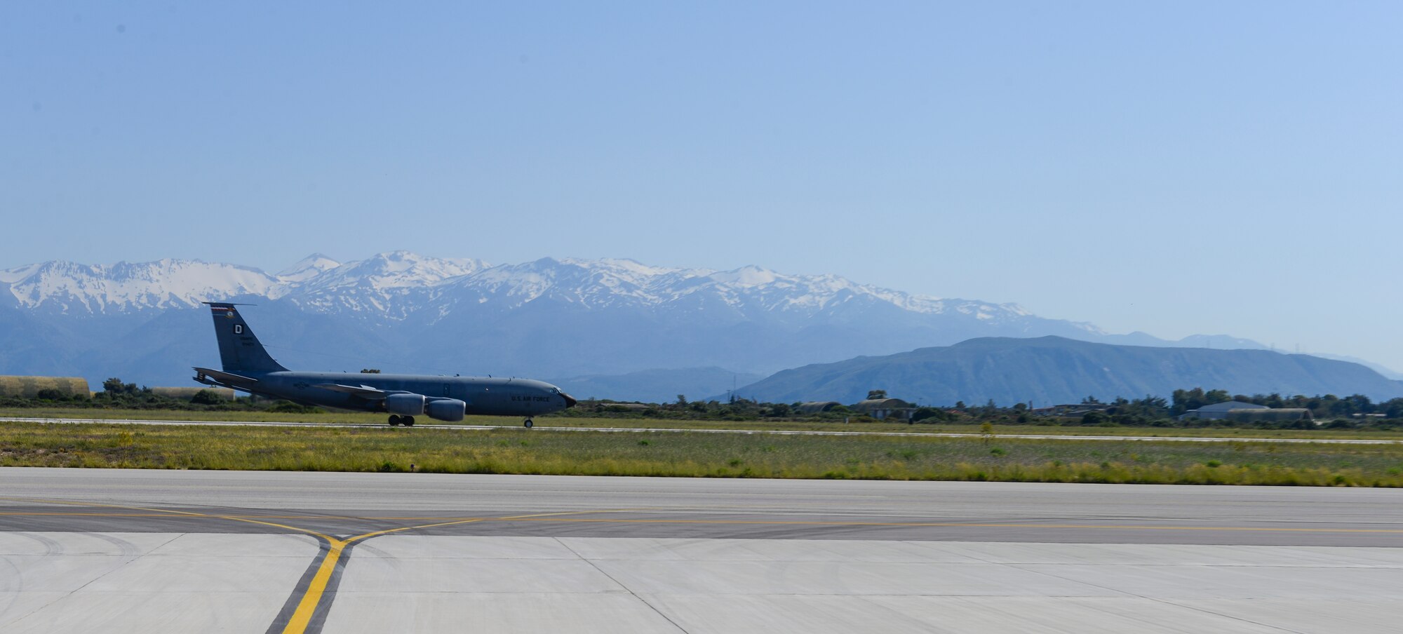 The last of three U.S. Air Force KC-135 Stratotankers from RAF Mildenhall, England, lands May 3, 2017, at Naval Support Activity Souda Bay, Greece. Three KC-135s took off from RAF Mildenhall to refuel F-15E Strike Eagles. The tankers landed at NSA Souda Bay to refuel and return to base. (U.S. Air Force photo by Staff Sgt. Micaiah Anthony)