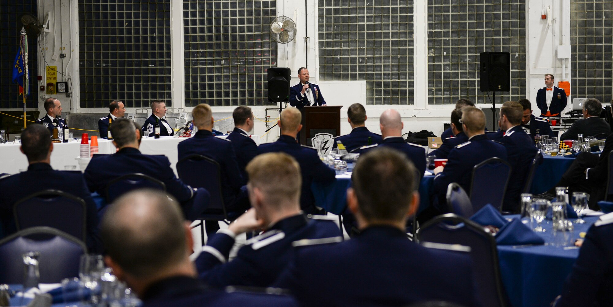 Air Combat Command Inspector General, Brig. Gen. Richard Coe, speaks at a dining-in, May 6, 2017, at Mountain Home Air Force base, Idaho. Coe spent a few days visiting his old stomping grounds, the 389th T-Bolts Fighter Squadron. (U.S. Air Force photo by Senior Airman Jessica H. Smith/Released)